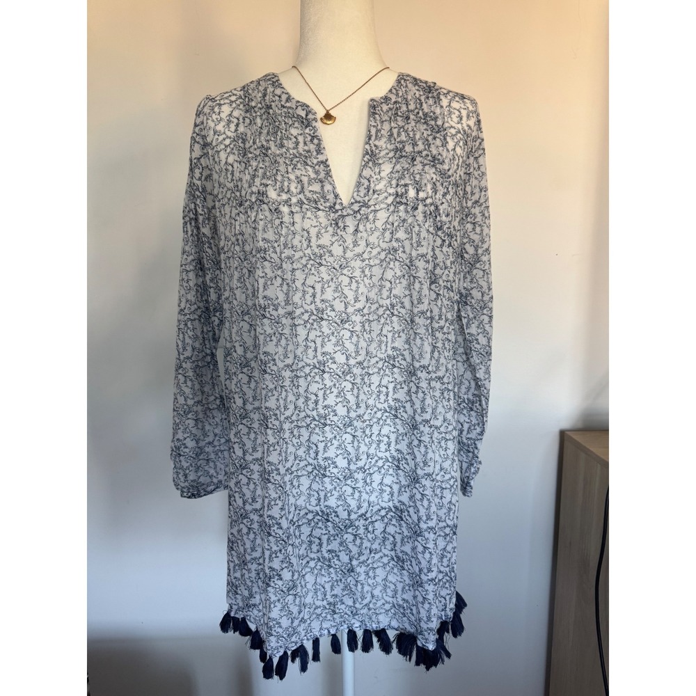 Roller Rabbit Womens XS Blue White Floral Cotton Tunic Top Coastal Preppy